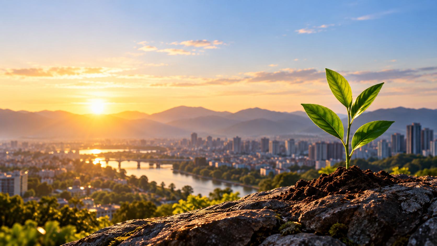 A seedling growing toward the light above a modern city