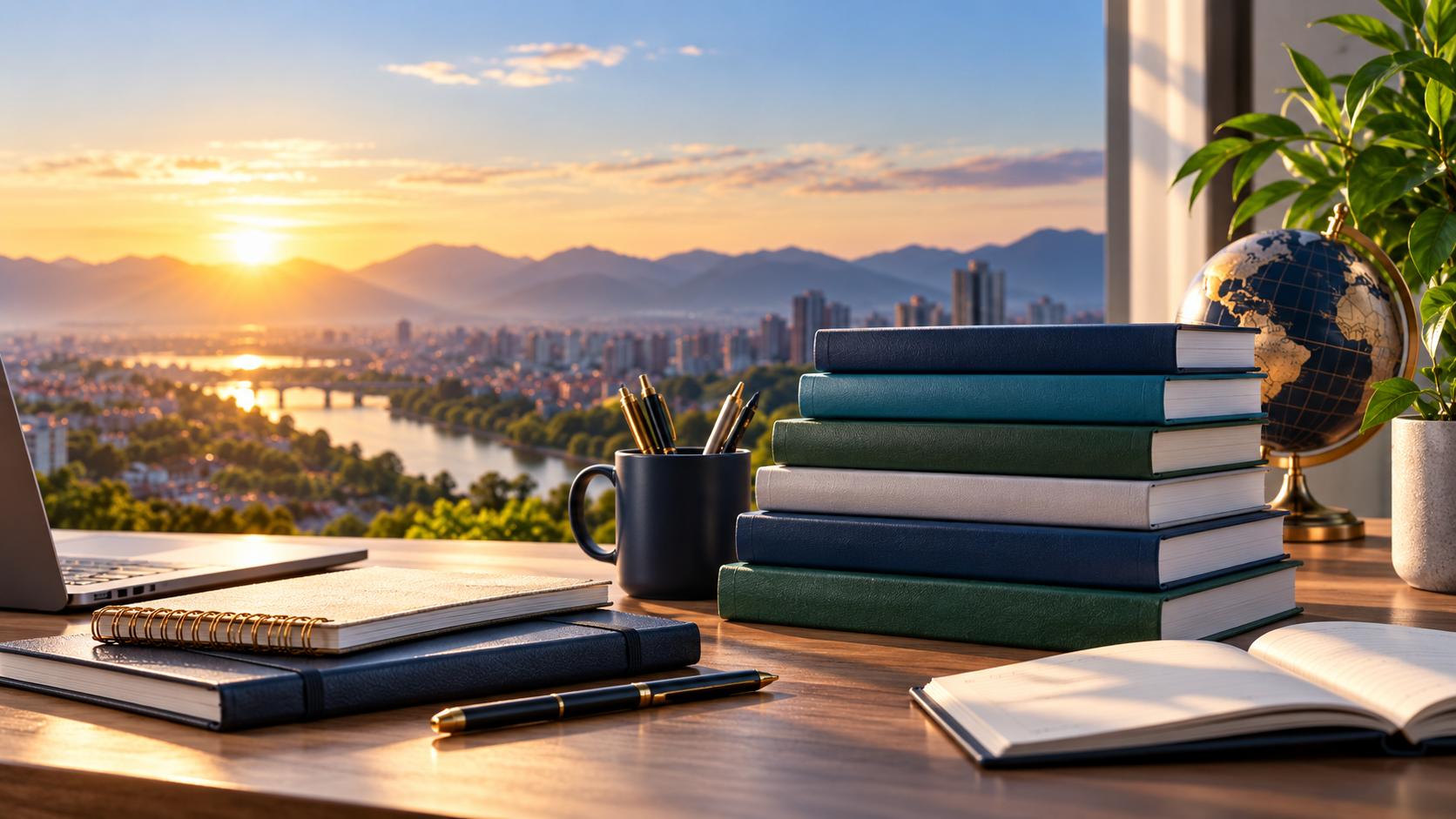 Books, a laptop and a globe arranged for learning