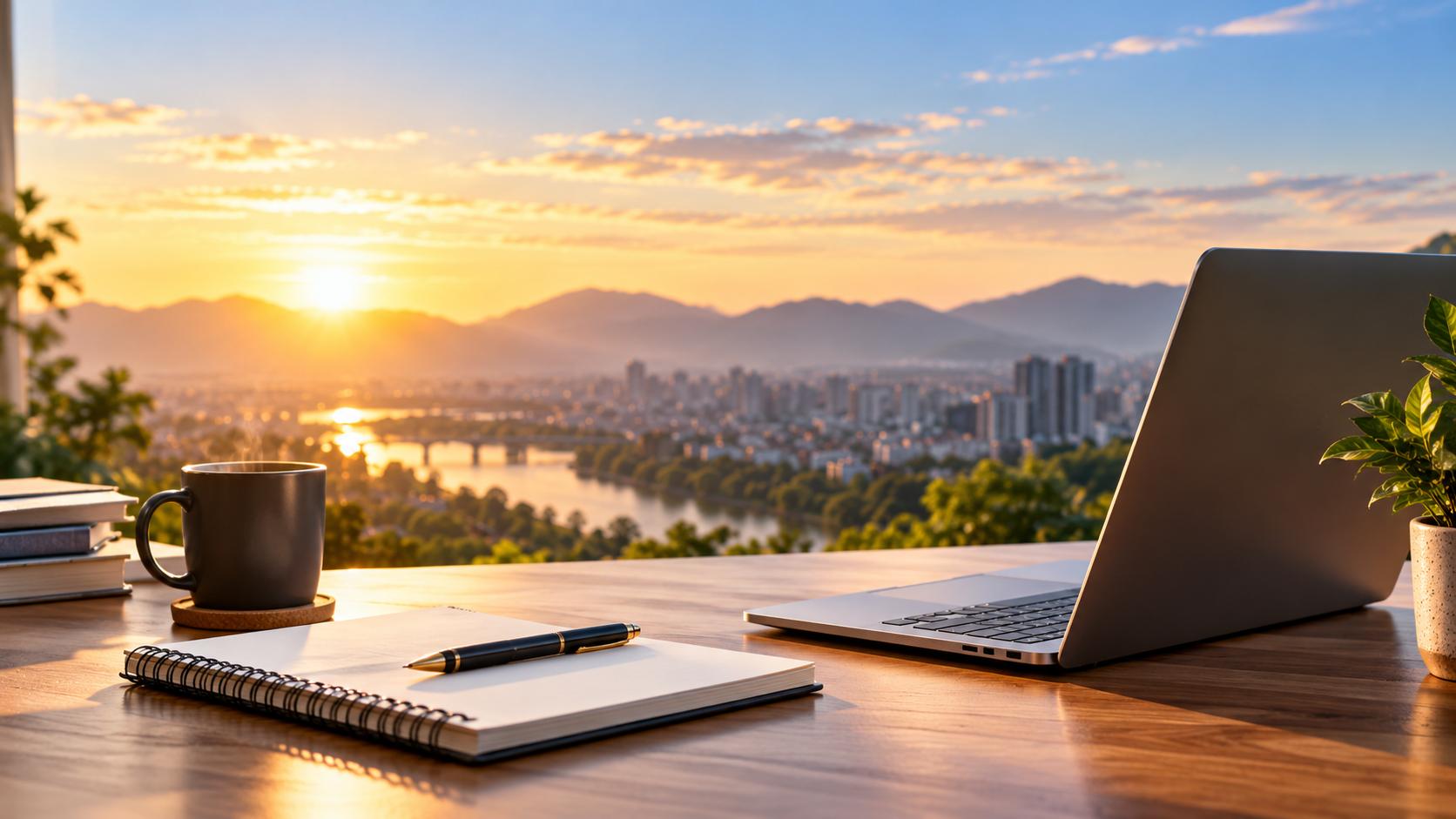 A modern digital workspace with laptop and notebook